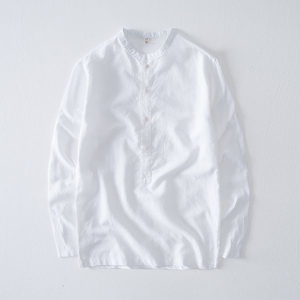 

2021 autumn new solid long-sleeved simple linen men's casual stand collar loose shirt male m-4xl fashion shirts men camisa of0l, White;black