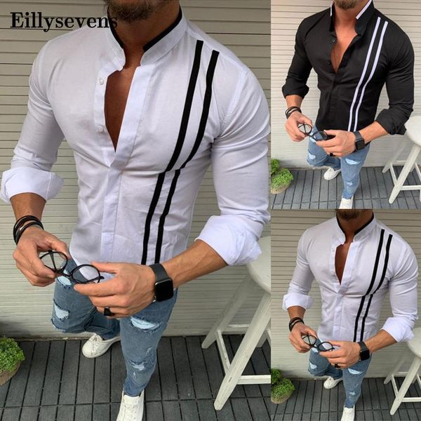 

men's casual shirt cotton striped solid long sleeve blouse chic stand collar fashion handsome 2021 streetwear camisas, White;black