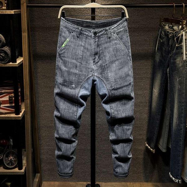 

jeans trend versatile spring and summer new fashion brand leisure harlan slim youth stitching men's pants, Blue
