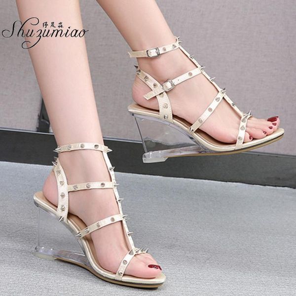

shuzumiao size 34-43 pu leather high heels sandals 8cm shoes summer new wedding party shoes women gladiator platform sandal, Black