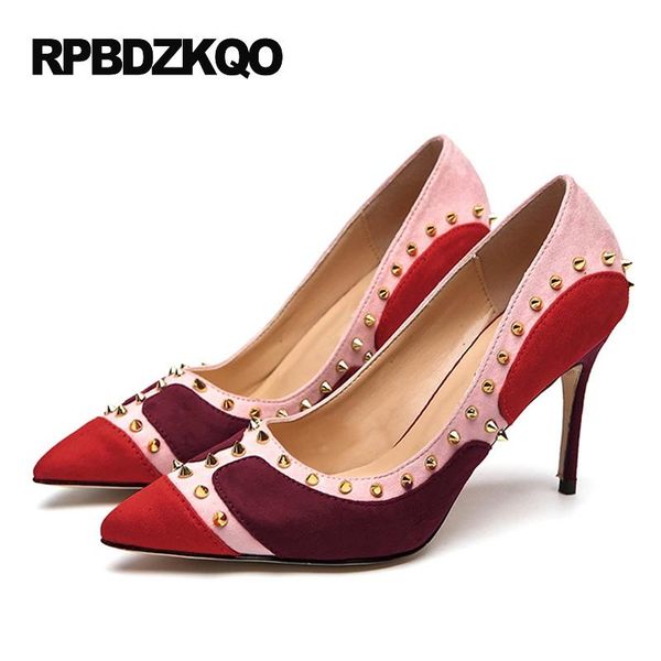 

dress shoes women rivet pointed toe 9 40 pumps wine red 41 6cm 2 inch multi colored celebrity high heels famous 33 scarpin quality, Black