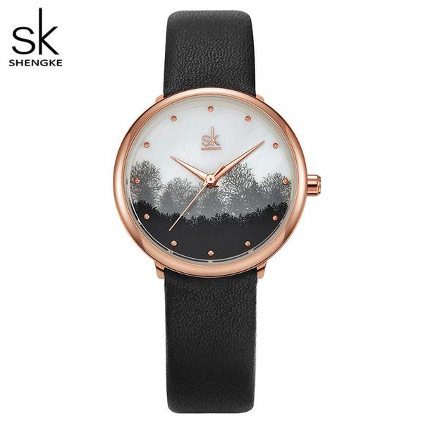 

wristwatches shengke arrival winter birch forest women watch 30mm dial black band japanese movement relogio waterproof, Slivery;brown