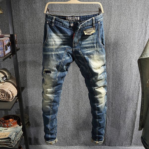 

2021 new italian style fashion spliced designer ripped men denim biker pants streetwear hip hop jeans homme b01x, Blue