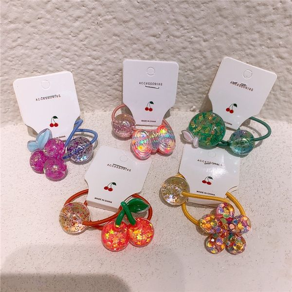

2021 children's sweet transparent glitter fruit flower bow hair rope korean fashion girl ponytail rubber band hair accessories, Slivery;white
