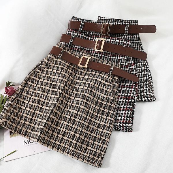 

skirts 2021 fashion women's plaid short skirt high waist weaving woolen, Black
