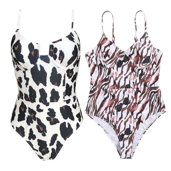 

women one-piece bikini deep v-neck push up underwire leopard print swimsuit