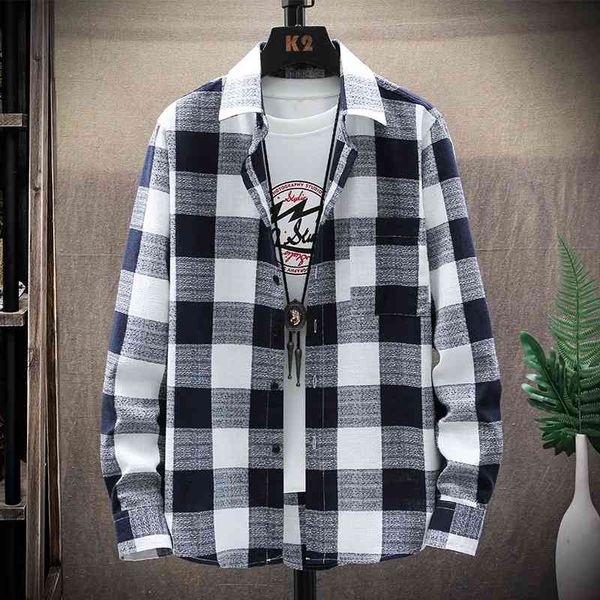 

autumn and winter shirt lapel long sleeve inch youth student cardigan coat men's loose casual plaid shirt, White;black