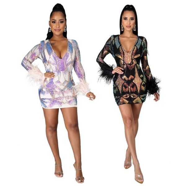 

casual dresses arrive women fashion printed feathers dress deep v-neck long sleeve nightclub sparkle sequins mini lovely girls, Black;gray