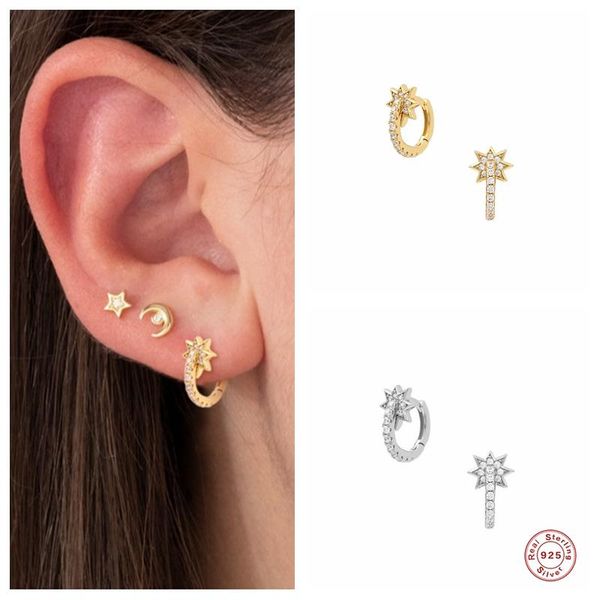 

aide 925 sterling silver natural zircon small flower hoop earrings for women girls mini clear crystal circle earring jewelry, Golden;silver