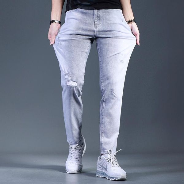 

men's jeans straight baggy men 2021 summer casual streetwear gray ripped stretch denim pants, Blue
