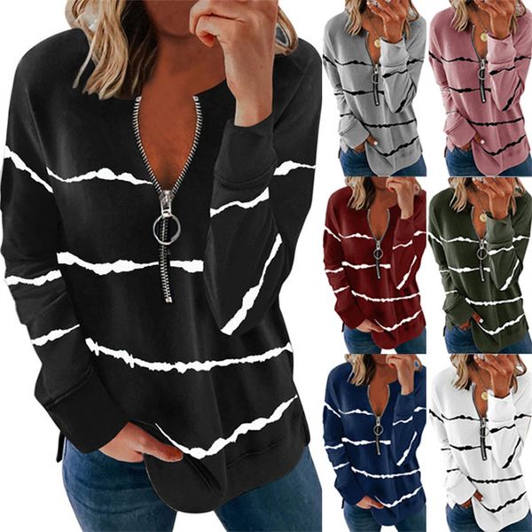 

ladies loose sweatshirt oversized striped hoodie zipper collar multicolor fall/winter outerwear 003, Black