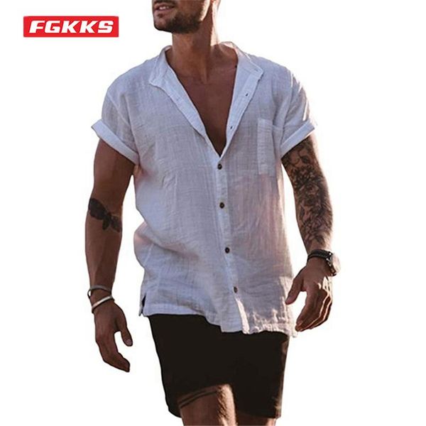 

men's casual shirts fgkks summer shirt men cotton linen breathable solid color single breasted short sleeved big size loose male s-5xl, White;black