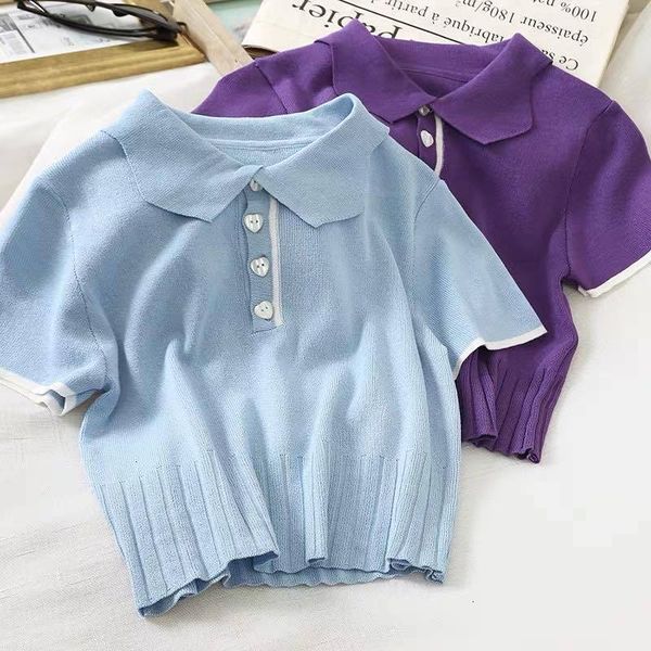 

New 2021 Summer Short Sleeve Cropped Vintage Chic Polo Shirt Women Korean Harajuku Knitted Tops Sweet Button Clothing 1FE0, White