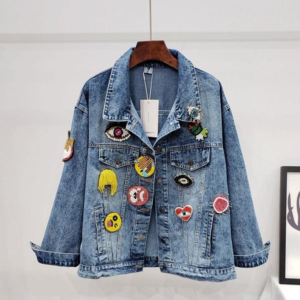 

women's jackets fad autumn european style women heavy handmade beaded jean jacket badge loose jaqueta feminina denim short coat, Black;brown