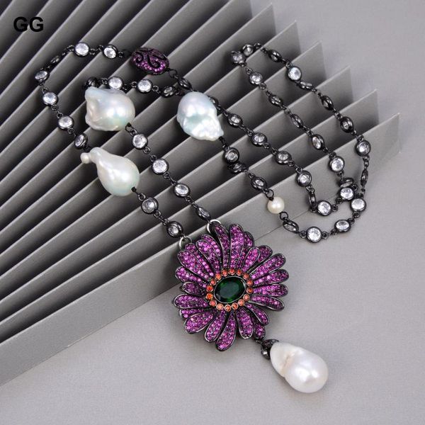 

chains guaiguai jewelry 28'' natural white keshi pearl chain pave gunmetal color plated sweater necklace cz flower, Silver