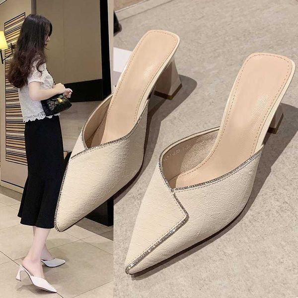 

fine heel sandals pointed toe pu leather slip-on sandals for women party shoes elegant pumps shoes size 35-39 210611, Black