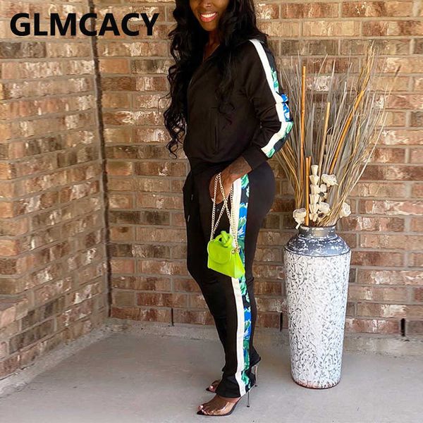 

women two piece track suits side striped zipper jacket & casual slim pants set 210702, White