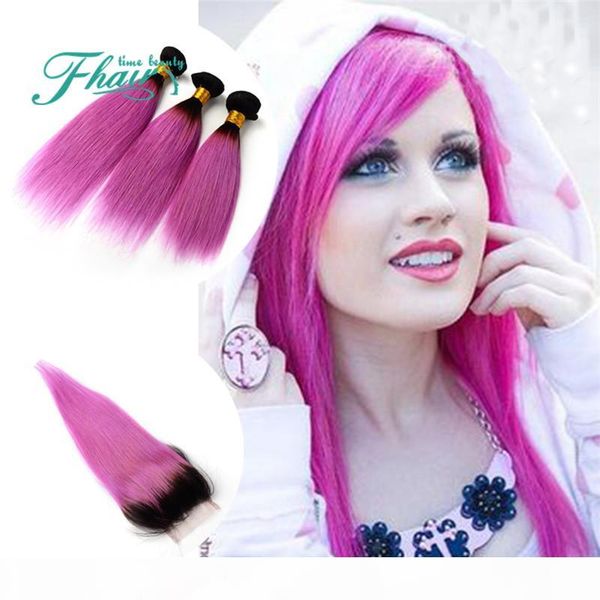 

elegant and beautiful ombre brazilian hair with closure 7a straight hair 1b purple two tone 4pc lot omber hair extensions ing, Black