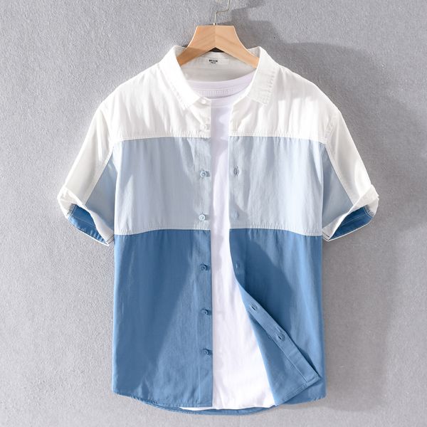 

2021 new summer 100% cotton color matching short-sleeved fashion brand shirts men casual comfortable colorblock shirt mens jcnh, White