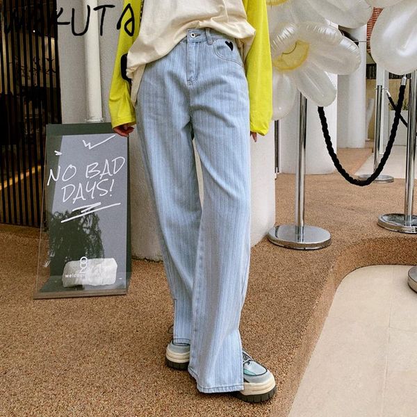 

women's jeans wakuta wide leg pant women striped split high waist straight denim trouser fall 2021 casual streetwear fashion 9f830, Blue