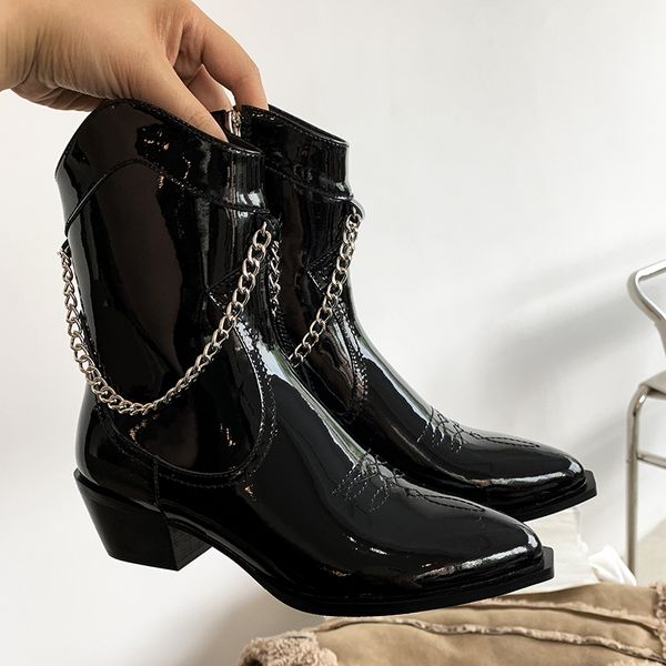 

2021 New Western Boots Women Autumn Winter Slip on Solid Color Boots Pointy Toe Cowboy Cowgirl Motorcycle Boots for Female, Black