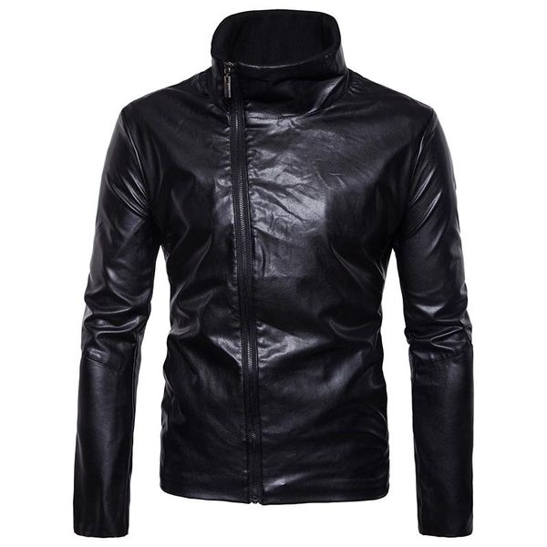

men's fur & faux motorcycle diagonal zipper leather jacket stand collar man, Black