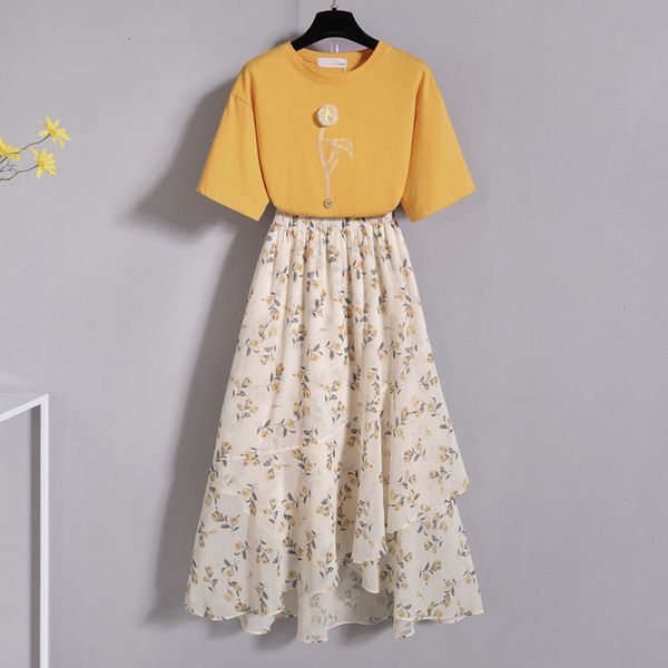 

2021 new women summer t shirt 2pcs set short sleeve +high waist floral print skirt sets female fashion ruffled skirts suit l247fz8x, Black;gray