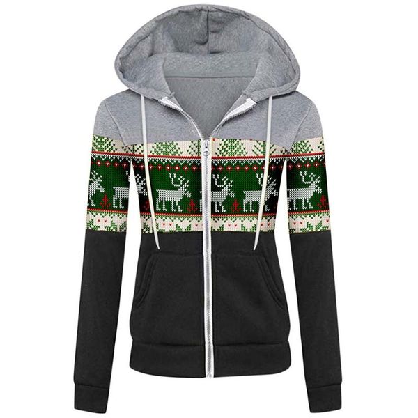 

women's jackets woman clothing christmas coats long sleeve colorblock sweatshirt casual zip up printed hooded for women, Black;brown
