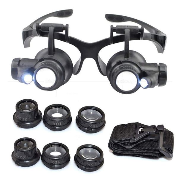 Loupes, Magnifiers Ferramentas de Jóias Equipamento 10x 15X 20X 25X Lupa Dupla LED luzes Óculos de olho Lente Lens Lupa Lupa Jeweler Wat