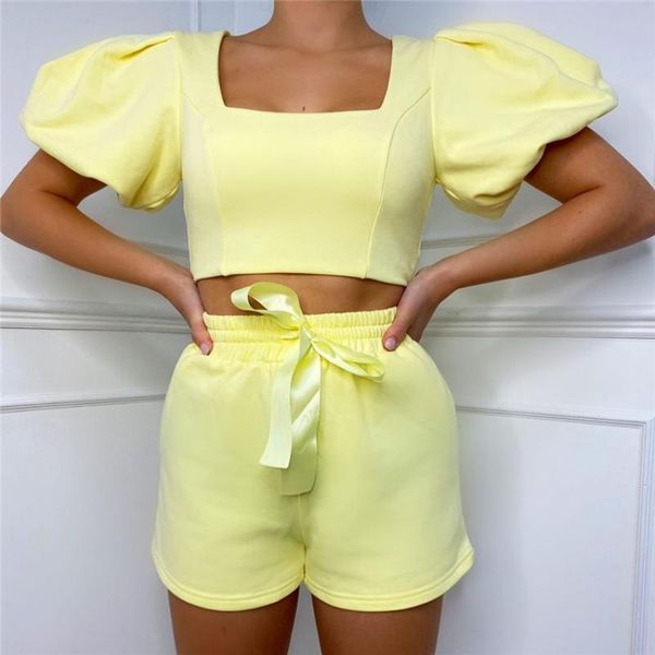

summer women's sportswear suit short puff sleeve crop shorts yoga fitness jogging sports suit two-piece, White;black