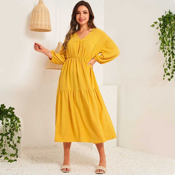 

casual dresses 2021 summer women yellow straps bandage v-neck pleated beach holiday elegant lantern long 3/4 sleeve sweet midi s1x, Black;gray