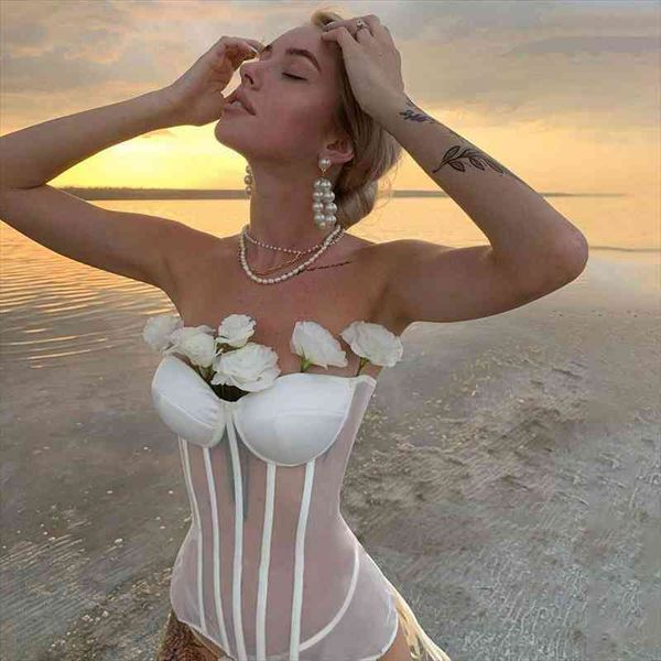 

mesh patchwork strapless slim corset bandage wrap chest bustier women party club missnight, White