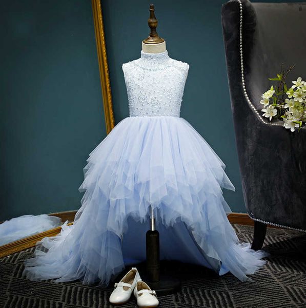 High-Low-Partykleid-Stil, hellblau, mit Perlen verziert, abnehmbarer Schwanz, für Abend-Kinderkleidung E6032 210610