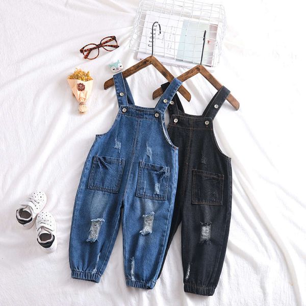 

suspenders children's hole jeans long can be opened file spring baby boys pants, Blue