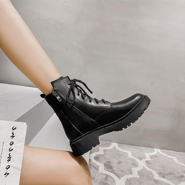 

boots versatile leather women british style autumn winter 2021 side zipper thick heel short ins fashion, Black