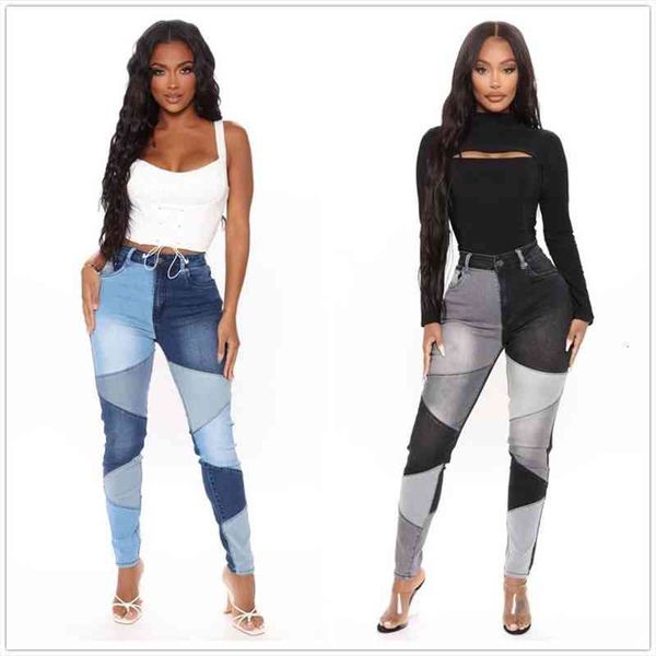 

fashion woman stitching high waist jeans high stretch denim pencil pants street trendy trousers s-3xl drop, Blue
