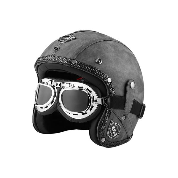 

motorcycle helmets dot approved vintage pu leather 3/4 jet helmet cafe racer retro scooter motocross open face capacete with goggle