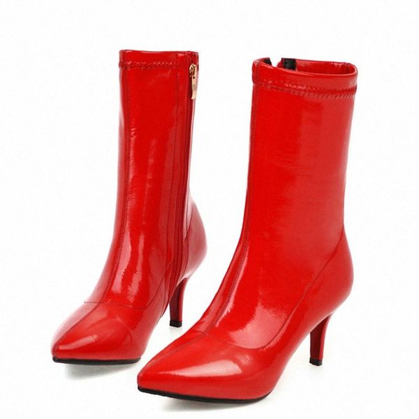 

women boots fashion patent leather short boots ladies thin heel zipper ankle comfort autumn winter stretch black red n0q3#