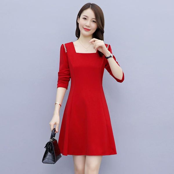 

casual dresses autumn dress women spring 2021 office lady french korea style vintage sleeve solid high waist black long, Black;gray