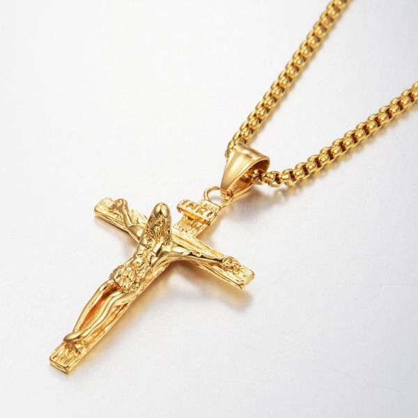 

pendant necklaces religious inri crucifix jesus cross necklace gold color stainless steel neck chain for men christian catholic jewelry, Silver