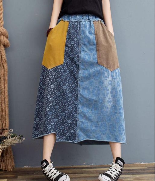 

spring autumn denim skirts women casual print patchwork embroidery loose female mid-calf length a-line skirt, Black