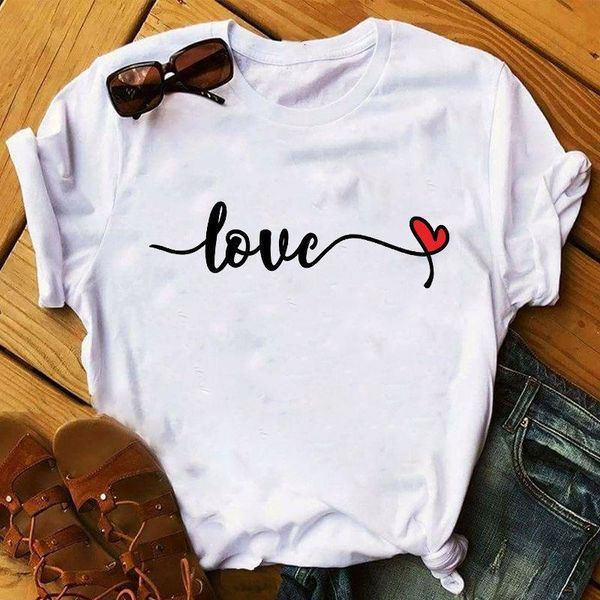 

love leopard plaid graphic female print valentine's day womens tees t shirt loose summer shirt matching round neck t-shirts, White