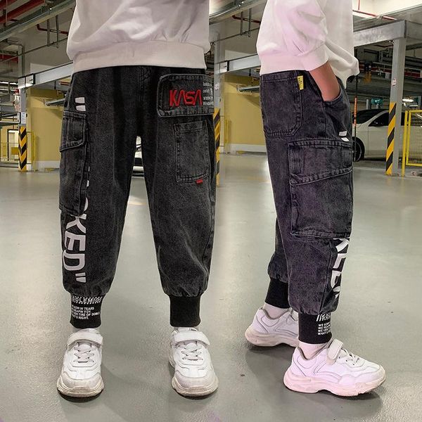 

child clothes boys jeans toddler kids jeans for baby boys splice denim elastic waist pants letter embroidery teen boy jean black, Blue