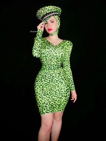 

green leopard printed shining rhinestone dress women evening party show bodycon v neck mini dress nightclub dance outfit, Black;red