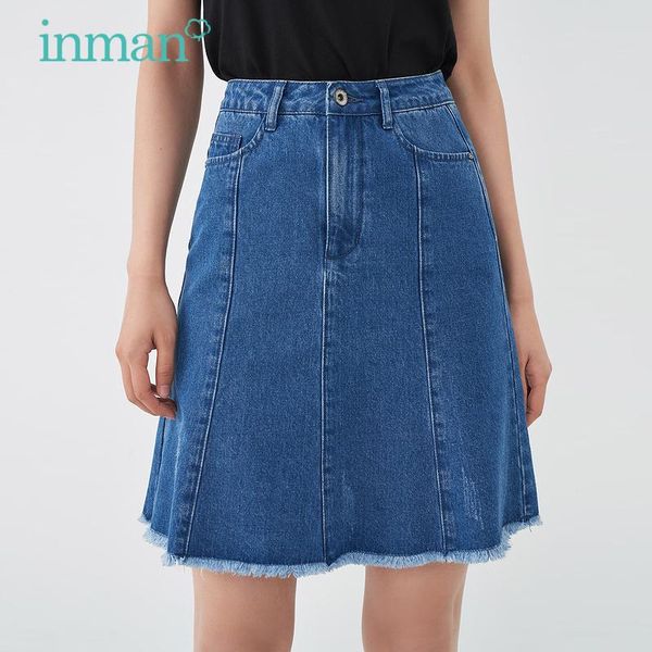 

skirts inman summer high waist mini jean bottom women korean fashion girl cute lady casual style a line pure color burr hem denim skirt, Black
