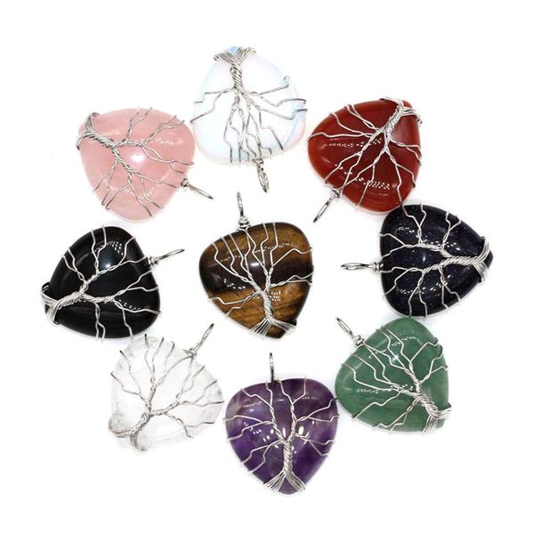 

jln wire wrapped life tree heart shape gemstone pendant amethyst tiger eye quartz stone wisdon tree charm with stainless steel chain necklac, Silver