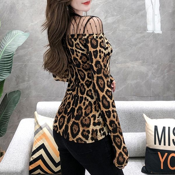

2021 fall winter european clothes t-shirt transparent print leopard patchwork mesh women ropa mujer tees new t08703l 9fl6, White