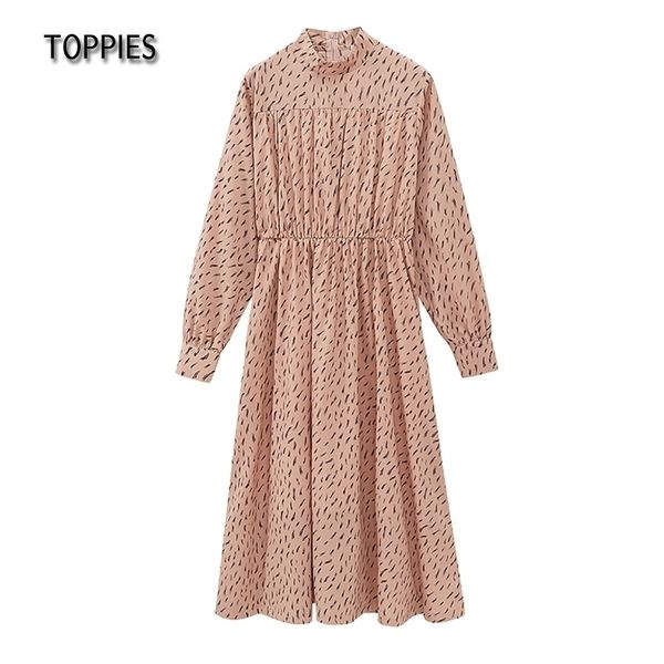 

ies dress 2021 women dress midi dress long sleeve print o neck elastic waist with zipper korean fashion lothings 210309, Black;gray
