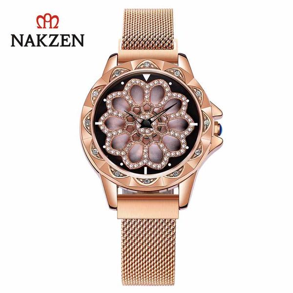 

wristwatches nakzen luxury quartz ladies watch stainless steel montre femme rose gold wristwatch clock gifts for womens, Slivery;brown