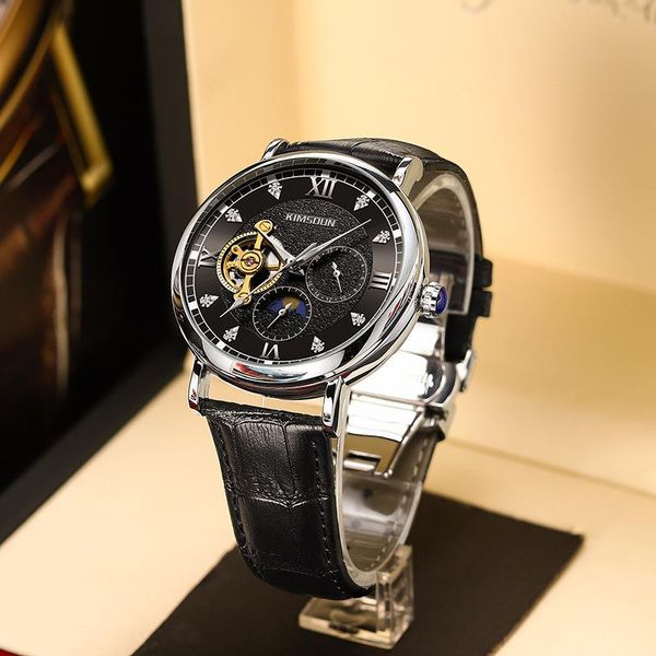 

wristwatches kimsdun brand diamond hollow sun, moon and stars automatic mechanical luminous waterproof business men's watch, Slivery;brown